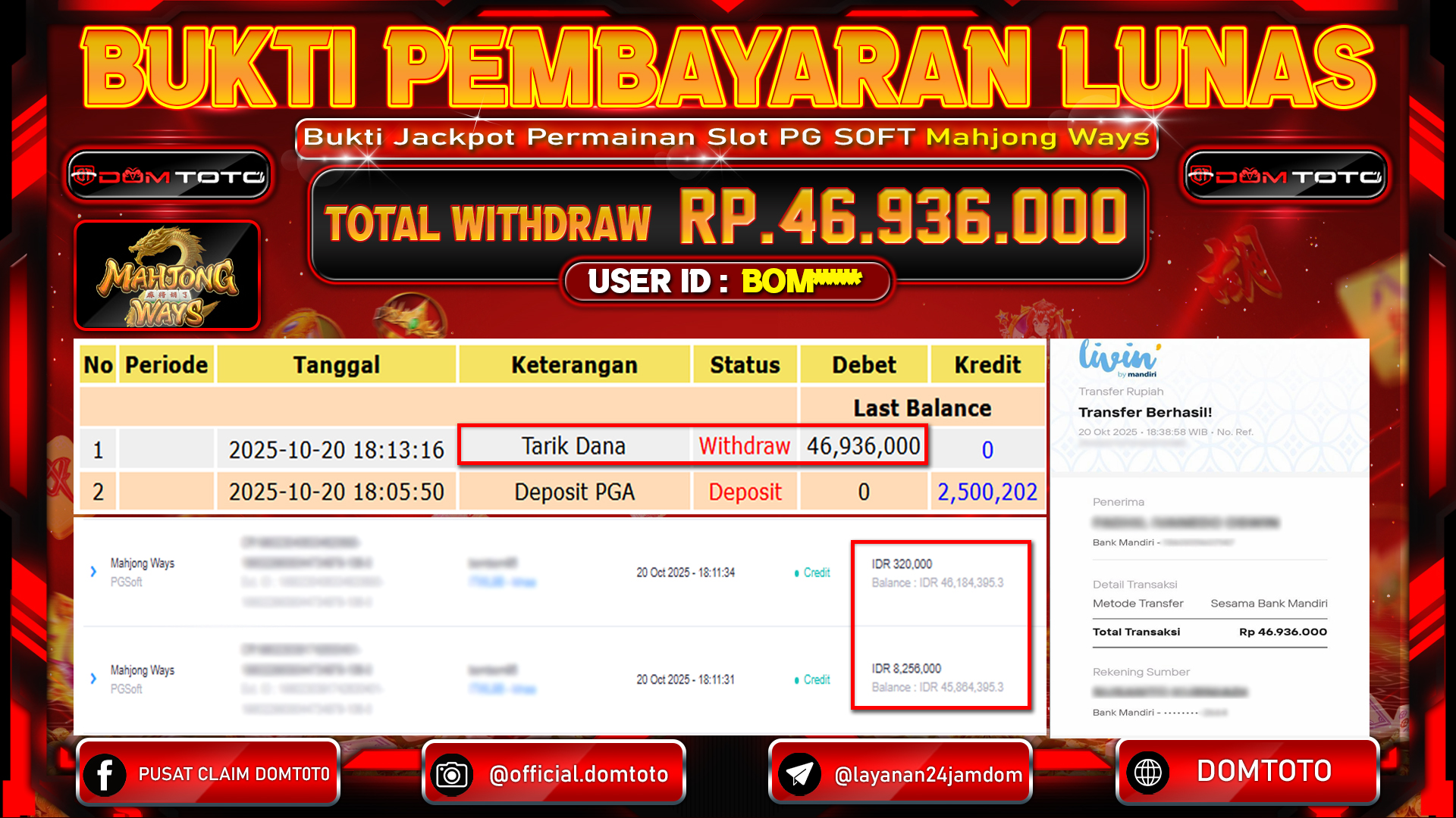 JACKPOT Slot Mahjong Ways PGSoft  20 OKTOBER 2025